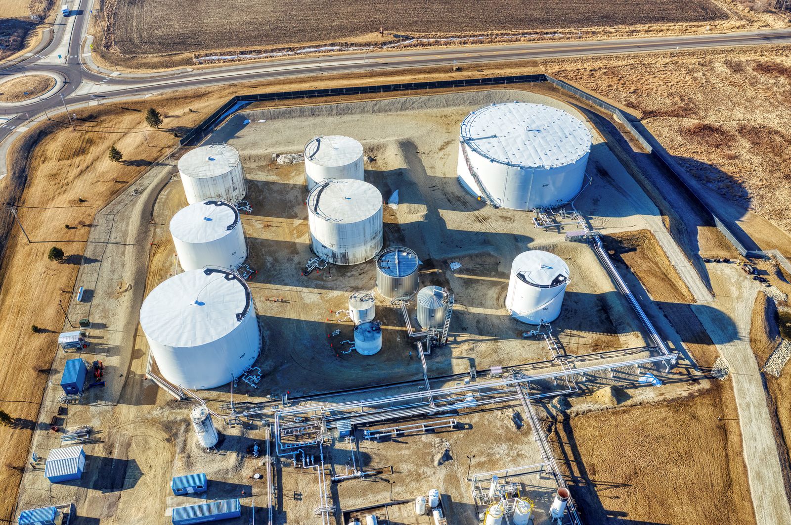 Aerial view of a crude oil tank farm